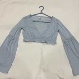 Free People pale blue v neck, long sleeve crop top